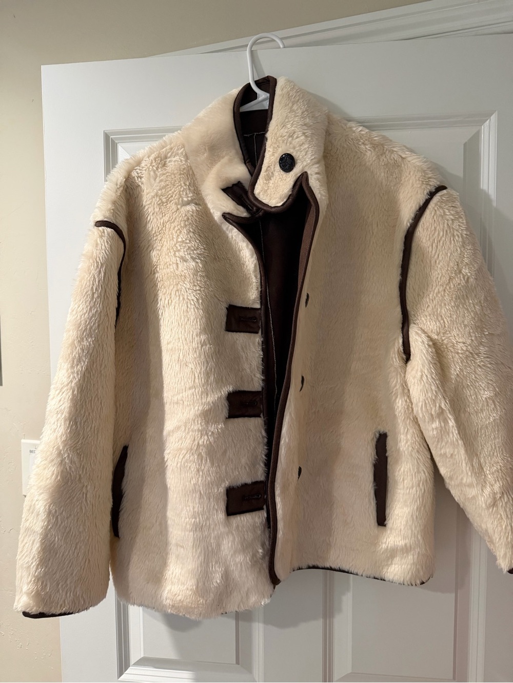 Cream Faux Shearling Pea Coat with Dark Brown Trim